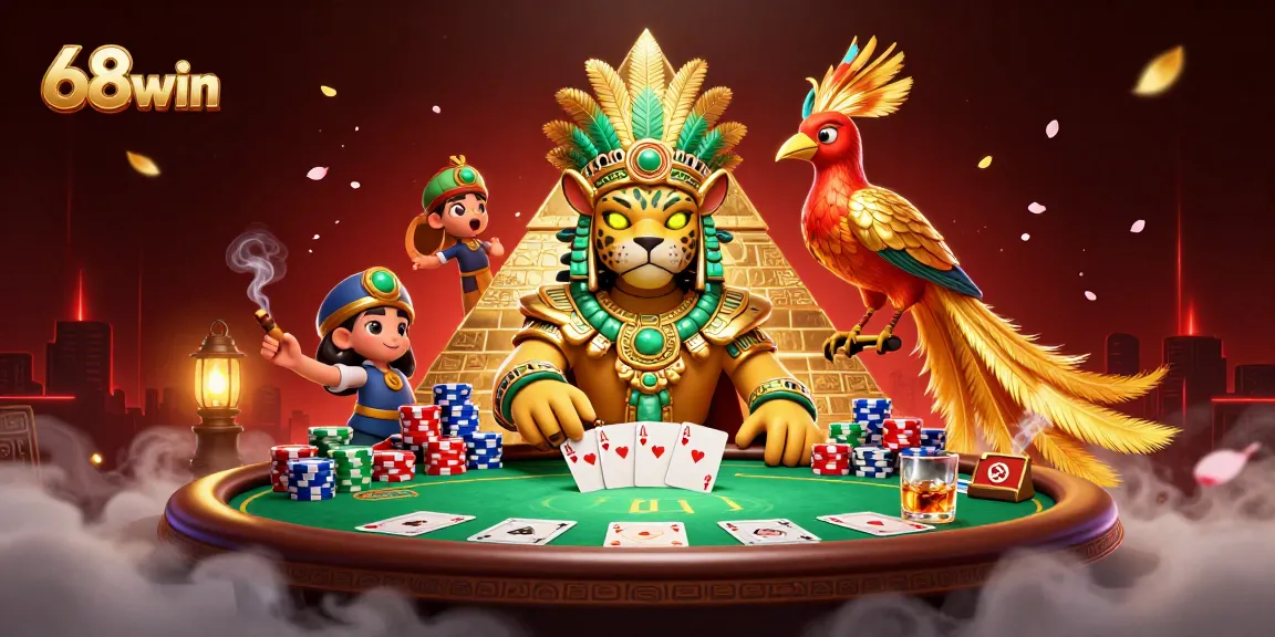 68win players celebrate winning at a casino table decorated with colorful chips and cards.