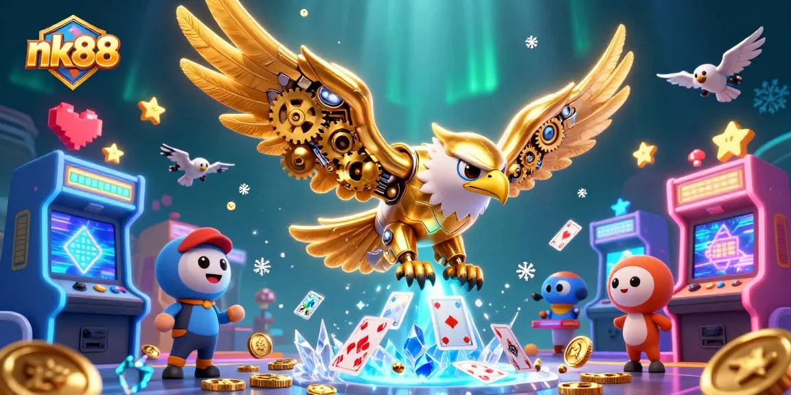 nk88 players diving through holographic cards in a vibrant, dynamic 3D casino scene.