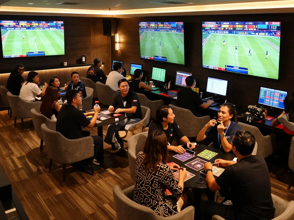 Engaging in sports betting action at 33win, with lively bettors and vibrant screens.