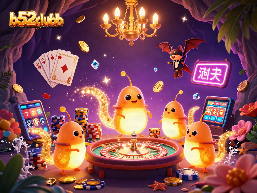 b52clubb showcases a vibrant 3D casino scene with glowworms, a bat dealer, and dynamic gambling elements.