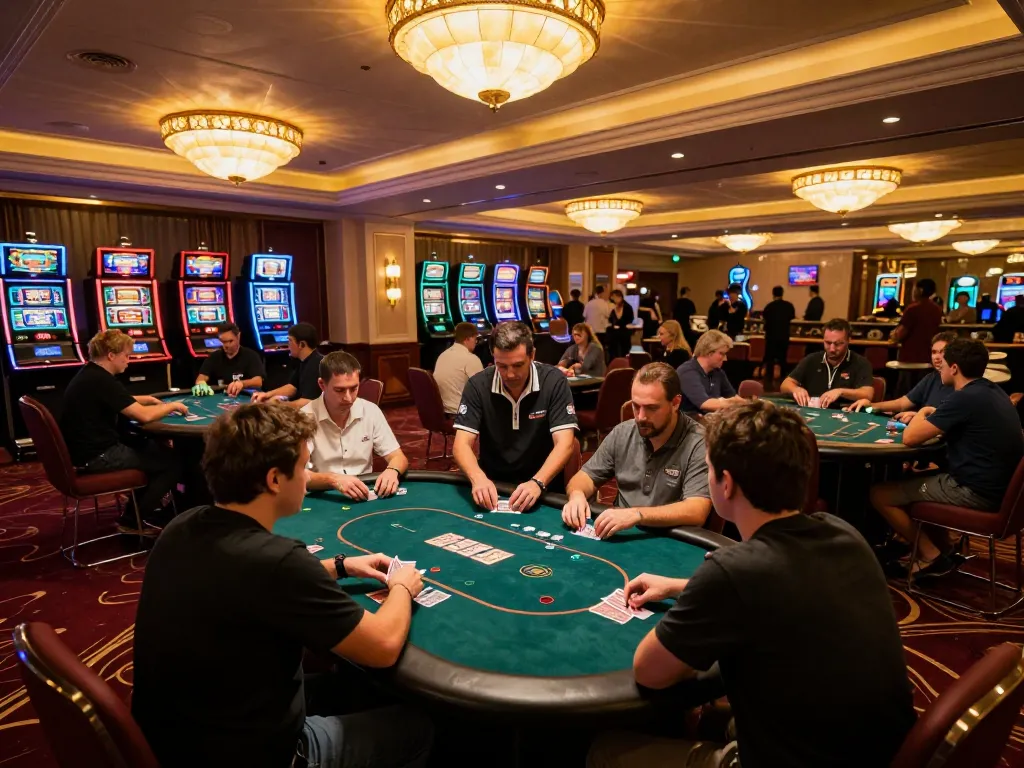 Players engaging in intense poker games at Luck8 casino, showcasing strategic gameplay and luxury atmosphere.