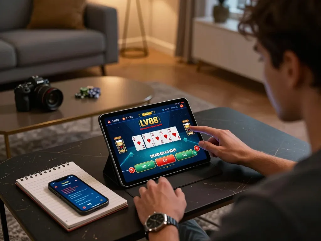 Player enjoying online gaming with LV88's casino app on a tablet, showcasing poker strategy at home.