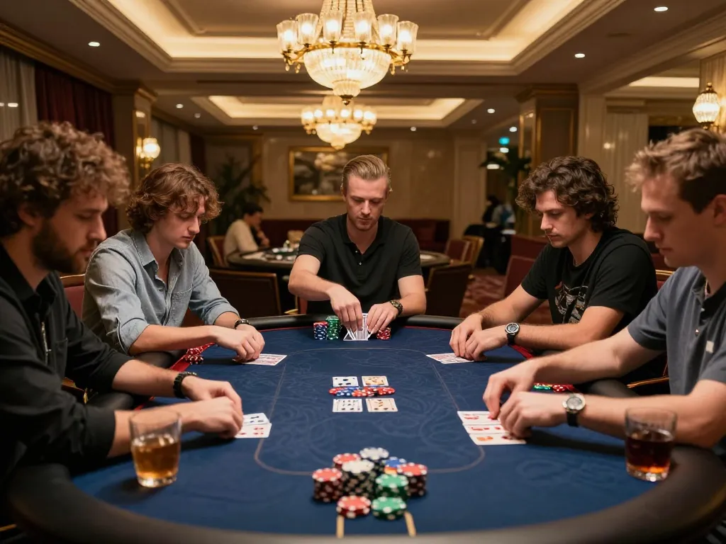 KO66 players engaging in high-stakes poker game with vibrant chips and strategic concentration
