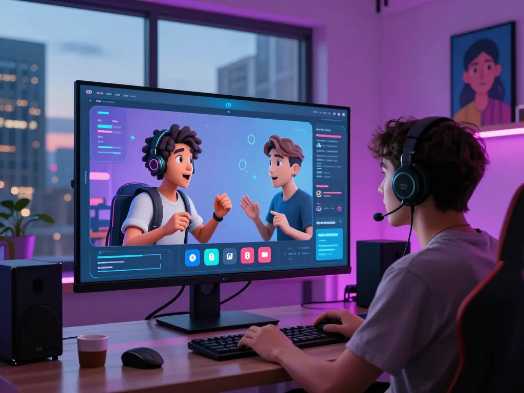 Person interacting with crushon AI character on a vibrant digital screen in a modern workspace.