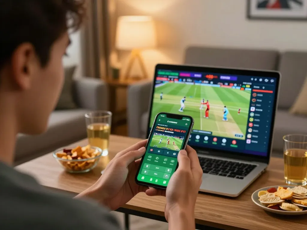 Engaging scene of a player using the joya9 best cricket app while enjoying sports betting at home.