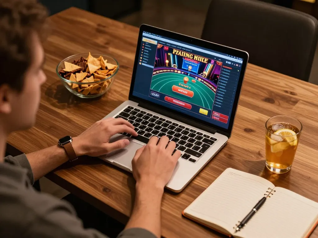 Player immersed in online casino gameplay at 79win, showcasing a stylish workspace.