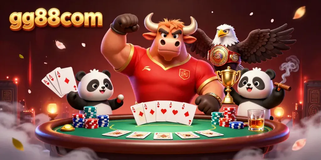 Win big at gg88com with a vibrant 3D casino illustration featuring characters celebrating at a poker table.