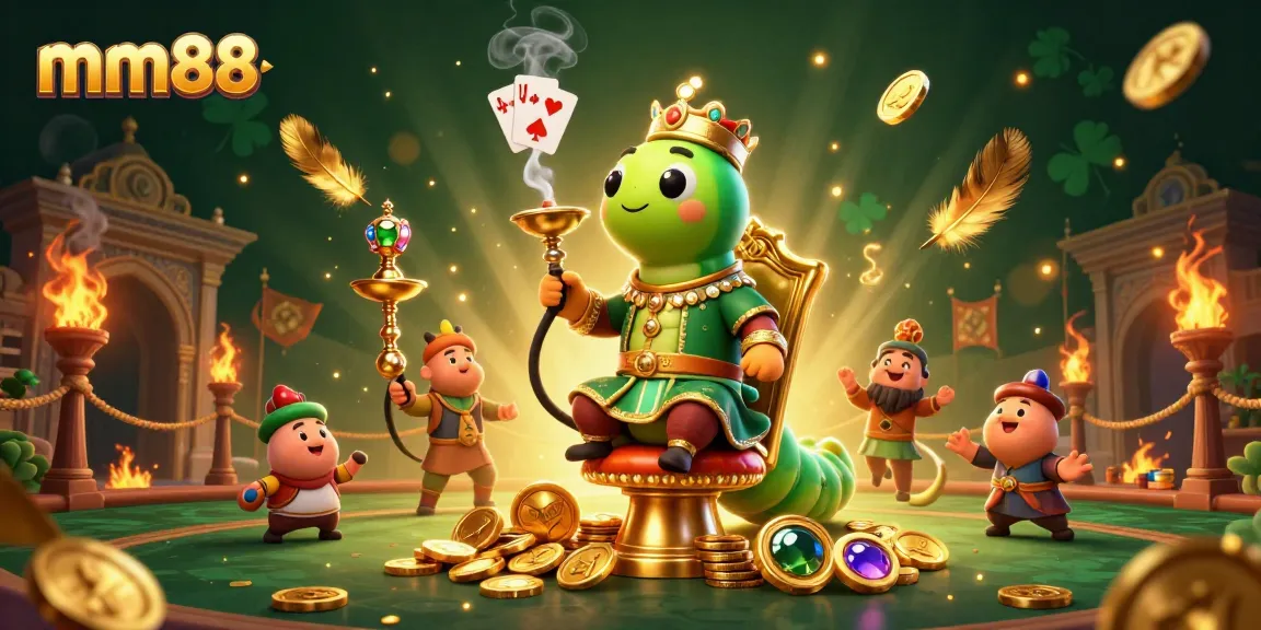 Experience the excitement of mm88 with colorful casino elements and a unique caterpillar character.
