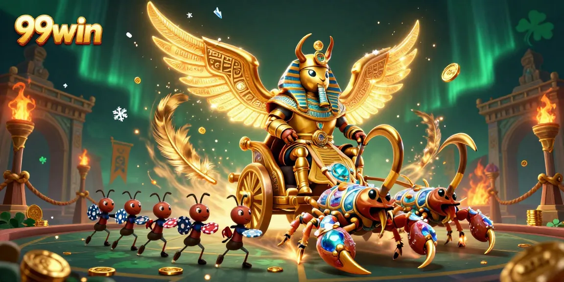 Engage with thrilling casino action at 99win featuring golden scarab beetle and poker chips.