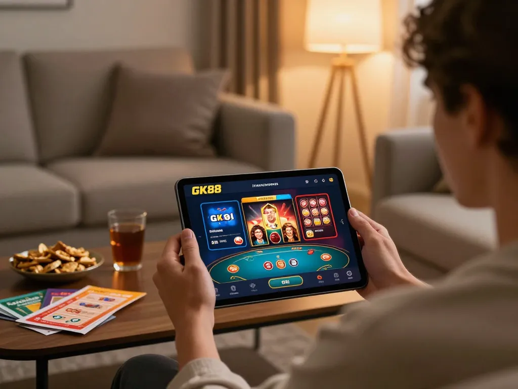 Engaging with GK88 casino app for online gambling on a tablet in a cozy home setting