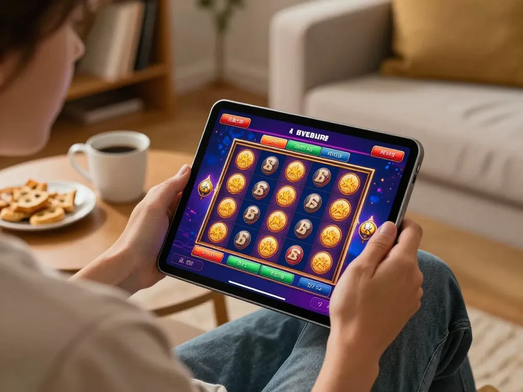Engaging in online gaming at 789betgo with vibrant slot graphics and a cozy atmosphere.