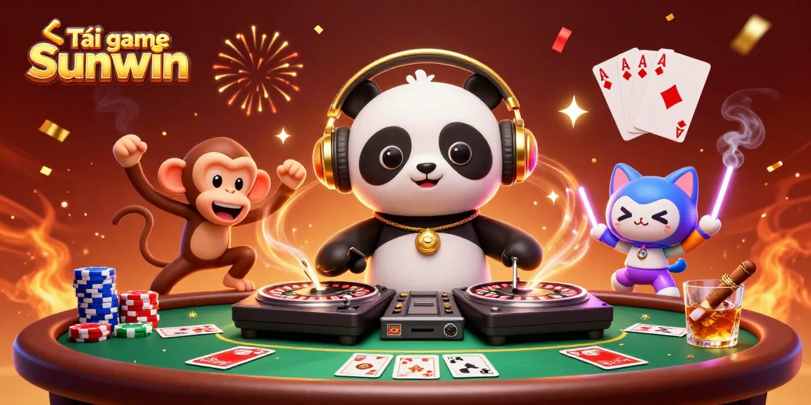 Tải game Sunwin and win big with exciting characters in a vibrant casino scene filled with poker elements.