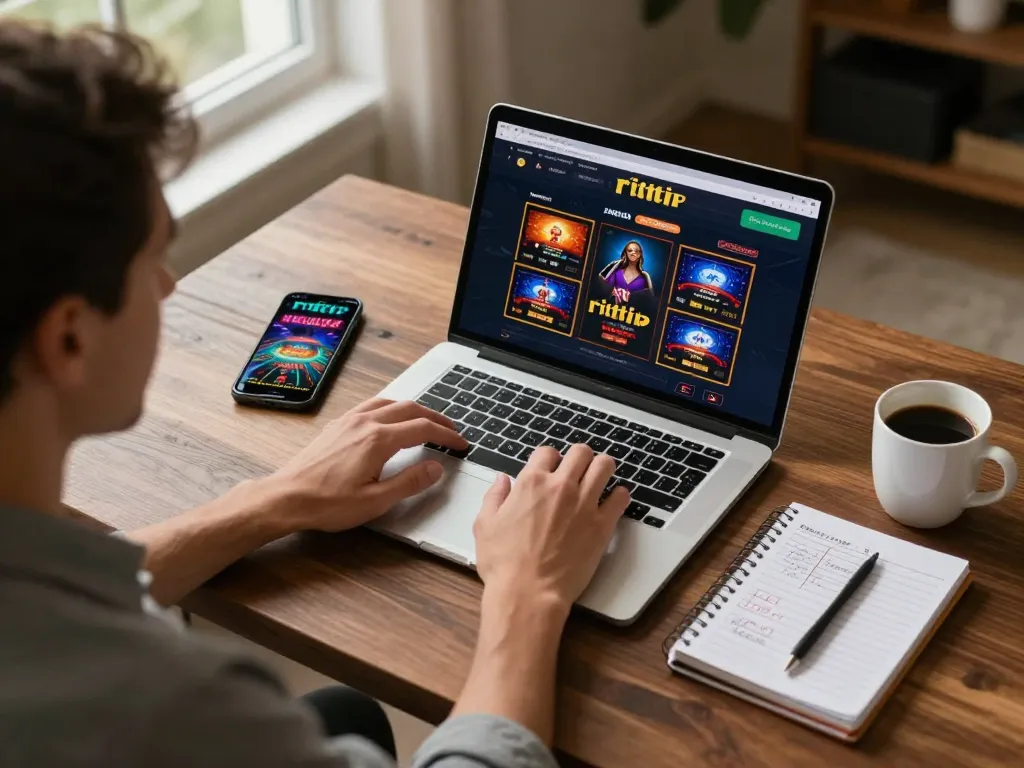 Engaging online gaming session at rikvip showing laptop interface and live dealer game setup.