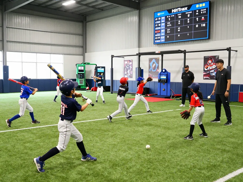 Hit Club baseball training session with young athletes actively practicing, showcasing teamwork and high-tech performance analytics.