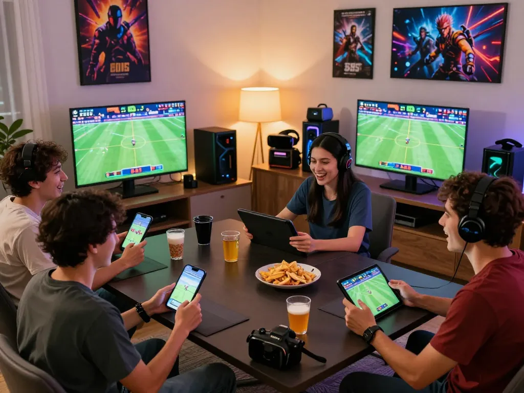 Friends enjoying an exciting online gaming night with 555 win betting experiences, showcasing camaraderie and thrill in a vibrant setting.
