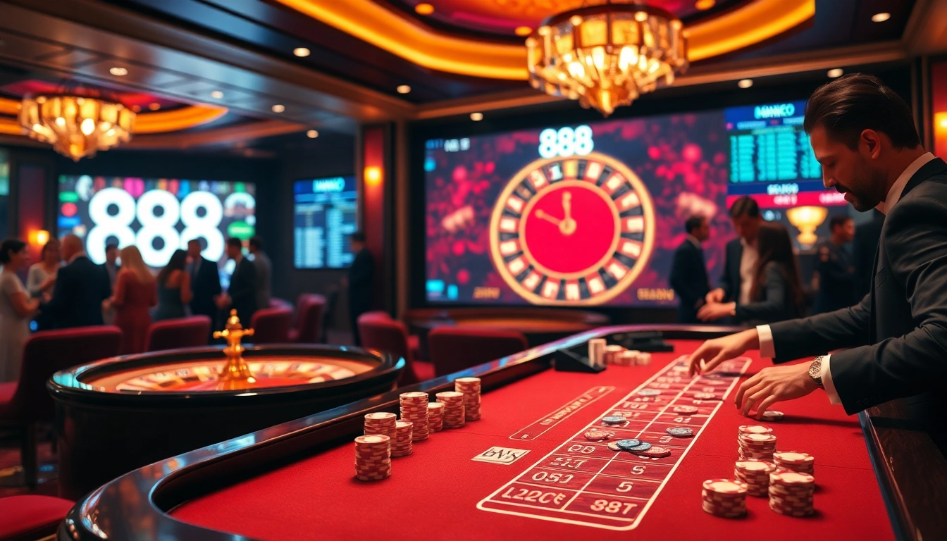 Engage in thrilling gameplay at 888NEW casino with a vibrant table filled with chips, cards, and a spinning roulette wheel.