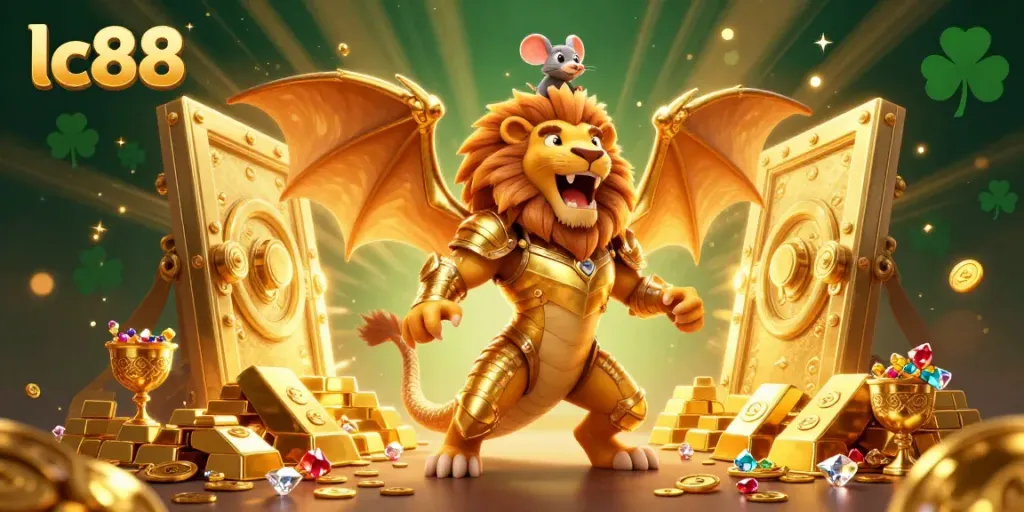 Experience thrilling gaming moments at lc88 with this vibrant 3D illustration showcasing a chimera creature and treasure.