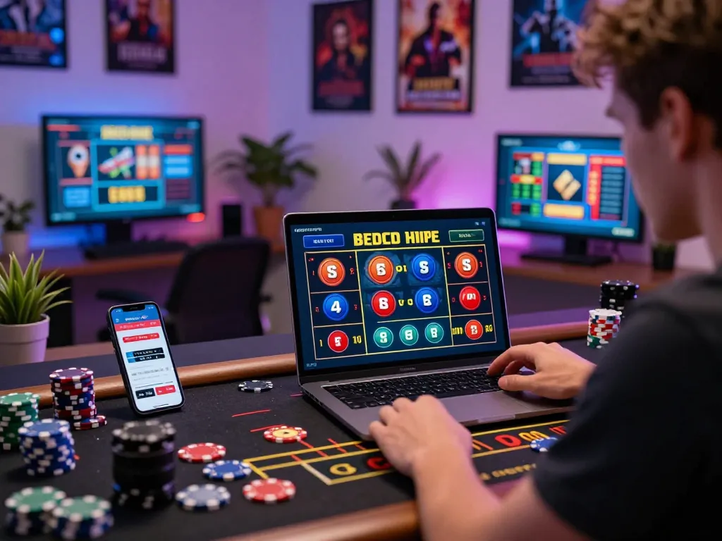 Player enjoying xx88 online casino games on a sleek laptop in a modern home office.