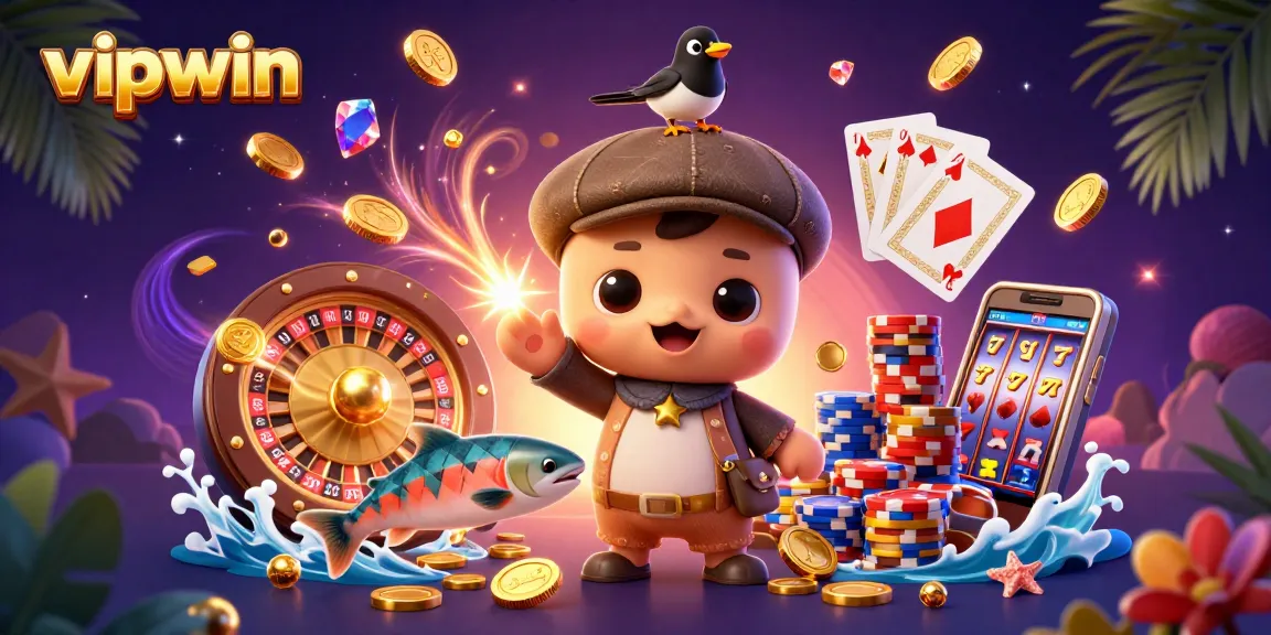 Engage with the vibrant world of vipwin's online casino, featuring fun characters, gold coins, and dynamic gaming elements.