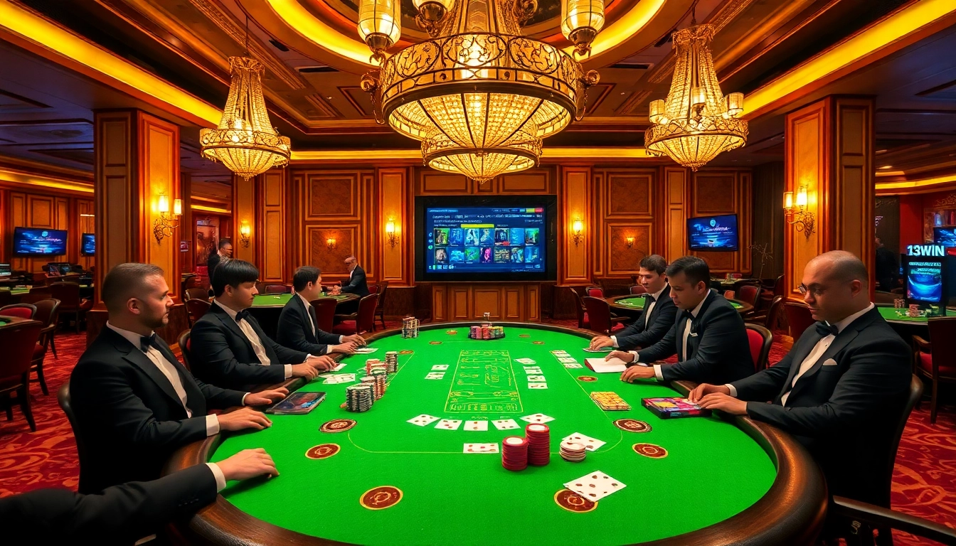 Experience thrilling gameplay at 13win's luxurious casino with vibrant cards and poker chips.