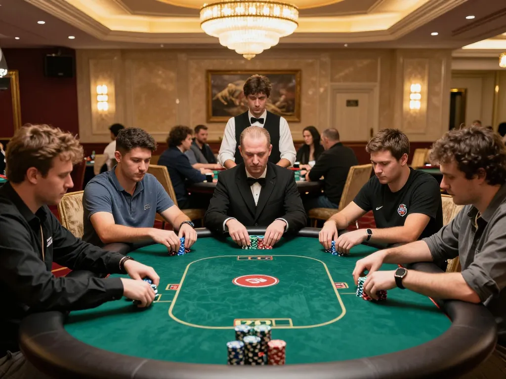 Players strategizing at a poker tournament in an upscale casino, lsa enhancing their gaming experience