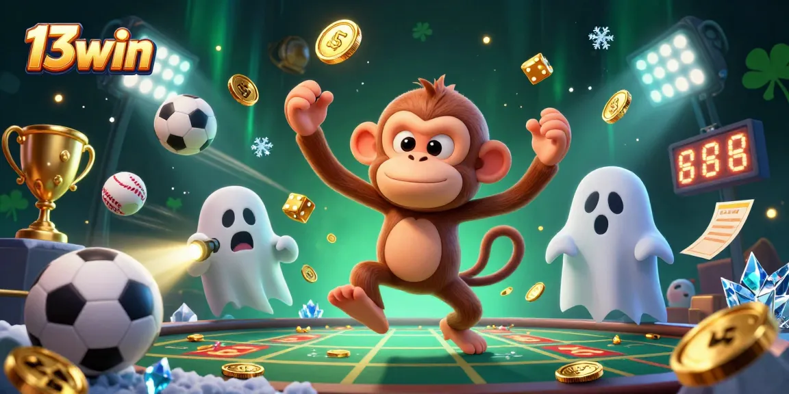 Engage with 13win's thrilling casino experience featuring a mischievous monkey and ghost-hunter puppy.