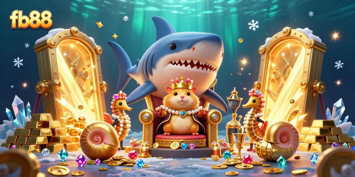 Win big at fb88 with a royal golden hamster king surrounded by treasures and sparkling gems.