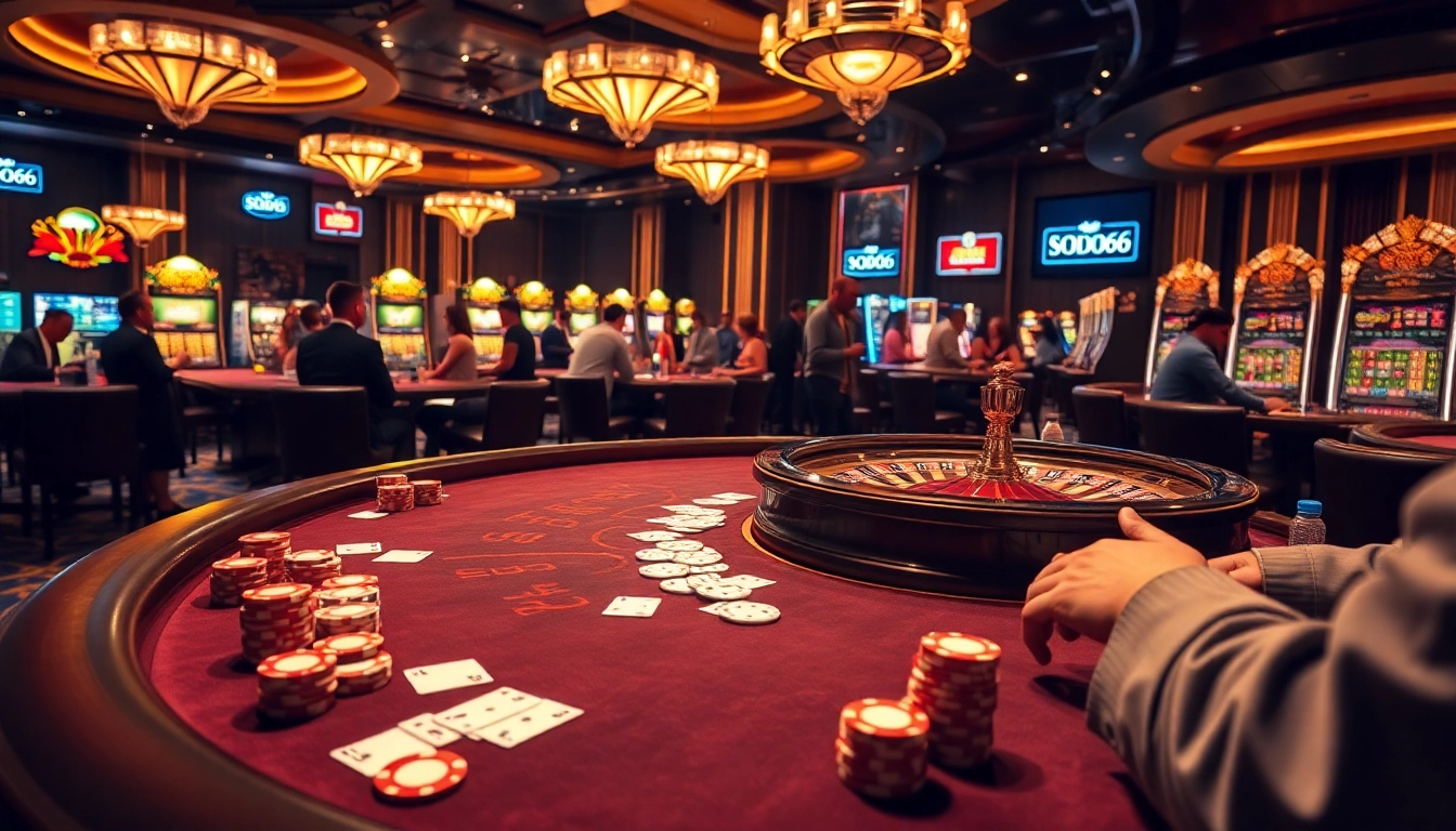 SODO66 players enjoying luxury gambling at a vibrant poker table with chips and cards.