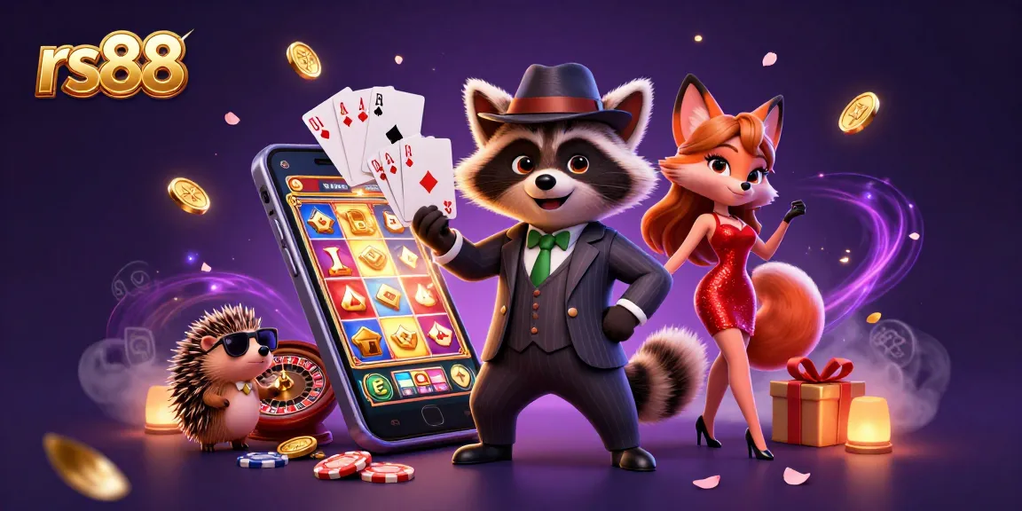 Experience the excitement of rs88 with a 3D raccoon holding a royal flush in a vibrant casino scene.