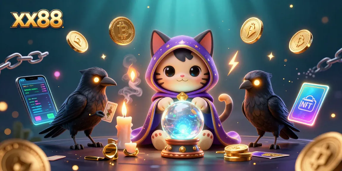 Win big with xx88 in this vibrant 3D casino-themed illustration showcasing fortune teller and crypto elements.