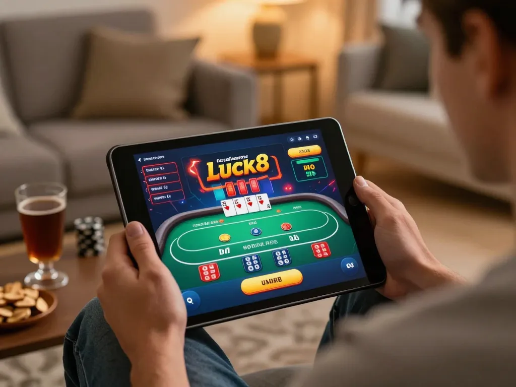 Player enjoying a strategic session on Luck8 online casino platform, cozy living room setting.