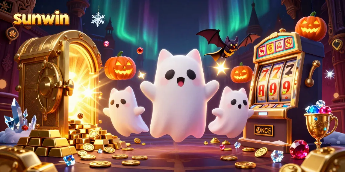 Experience sunwin's haunted casino scene with playful ghost cat and bat, amidst glowing treasures.