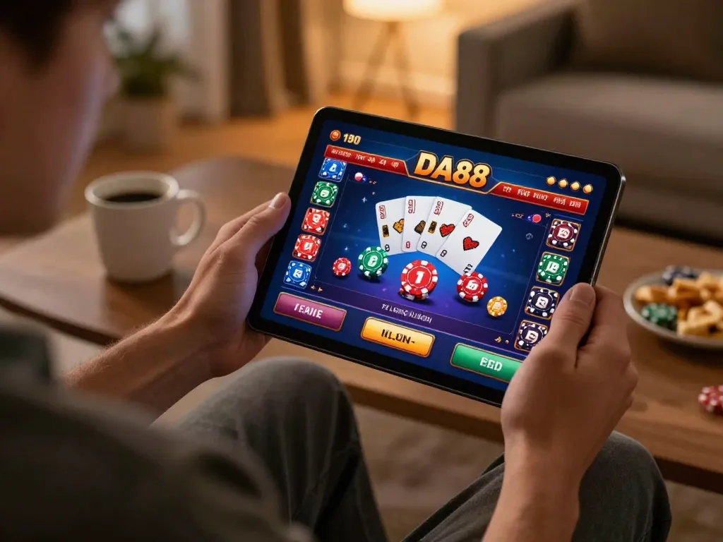 Player enjoying a DA88 online game on tablet, showcasing engagement and strategy in home gaming.