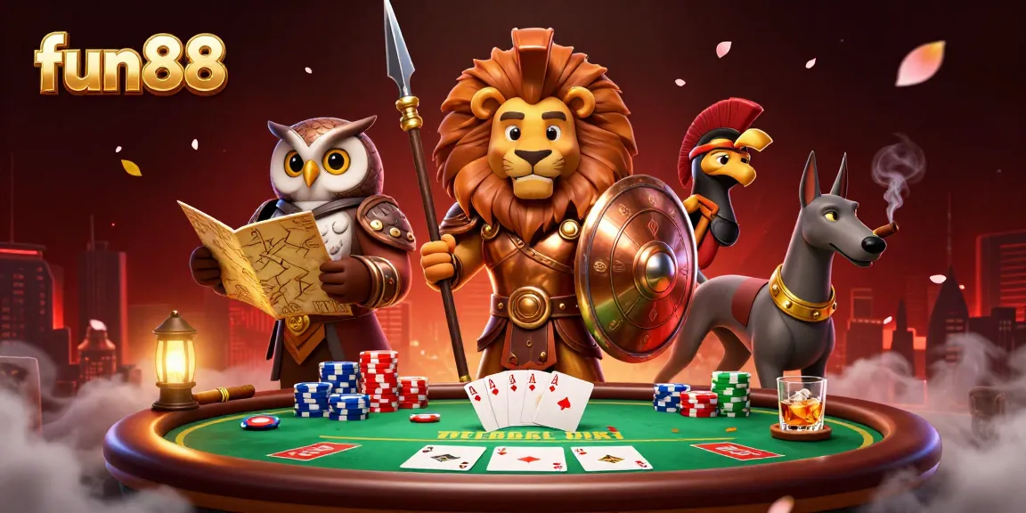Engage in thrilling gameplay at fun88 with a dynamic poker scene featuring 3D characters and vibrant casino elements.
