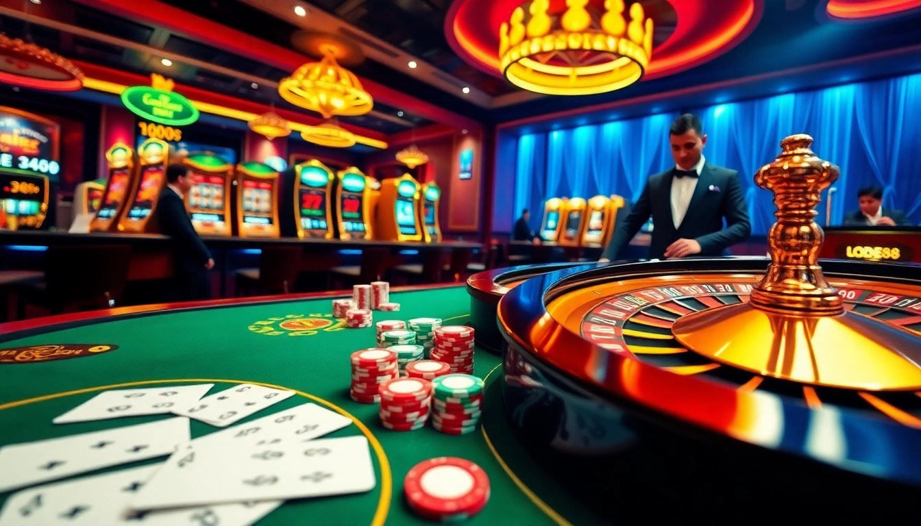 Engaging casino scene with lode88 branding, showcasing poker chips, cards, and a roulette wheel.