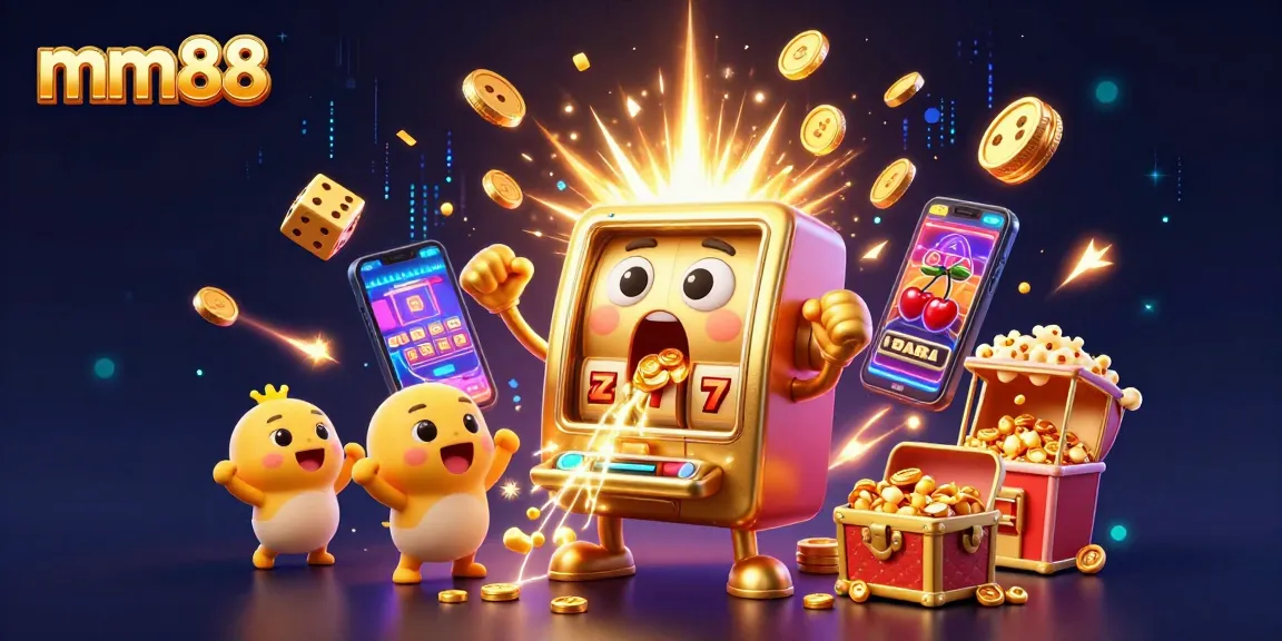 Experience mm88's thrilling jackpot moment with vibrant slot machine chaos and joyous characters.