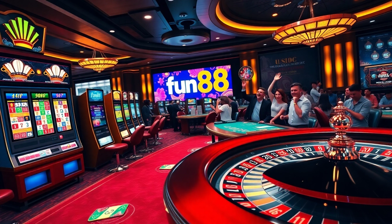 A thrilling gambling scene capturing players engaging with the หน้าแรก fun88 online casino interface, showcasing vibrant slot machines and poker tables.