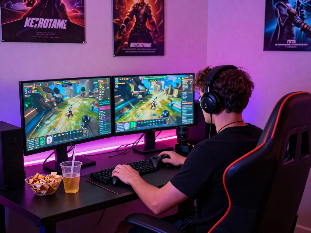 Engaged gamer experiencing an exciting porn game online setup with vibrant graphics and gaming accessories.