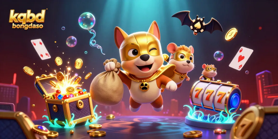 Engage with thrilling kqbd bongdaso action as the superhero dog flies amidst gold coins and casino symbols.