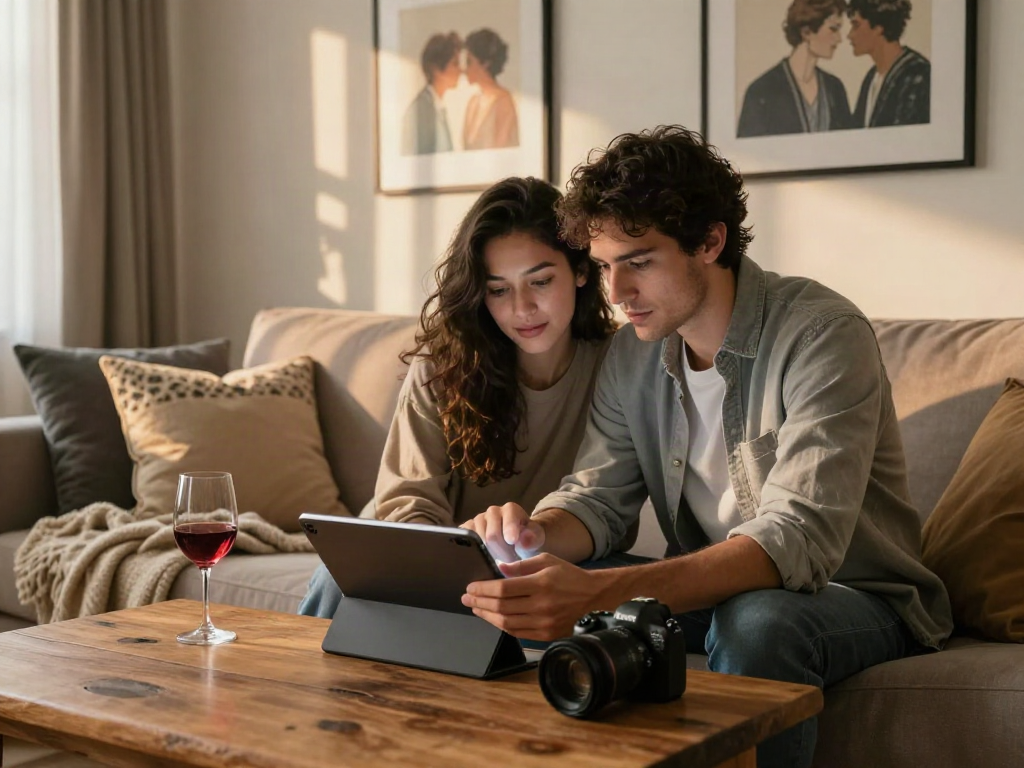 AI chat porn conversation between a couple in a cozy living room, showcasing modern intimacy.