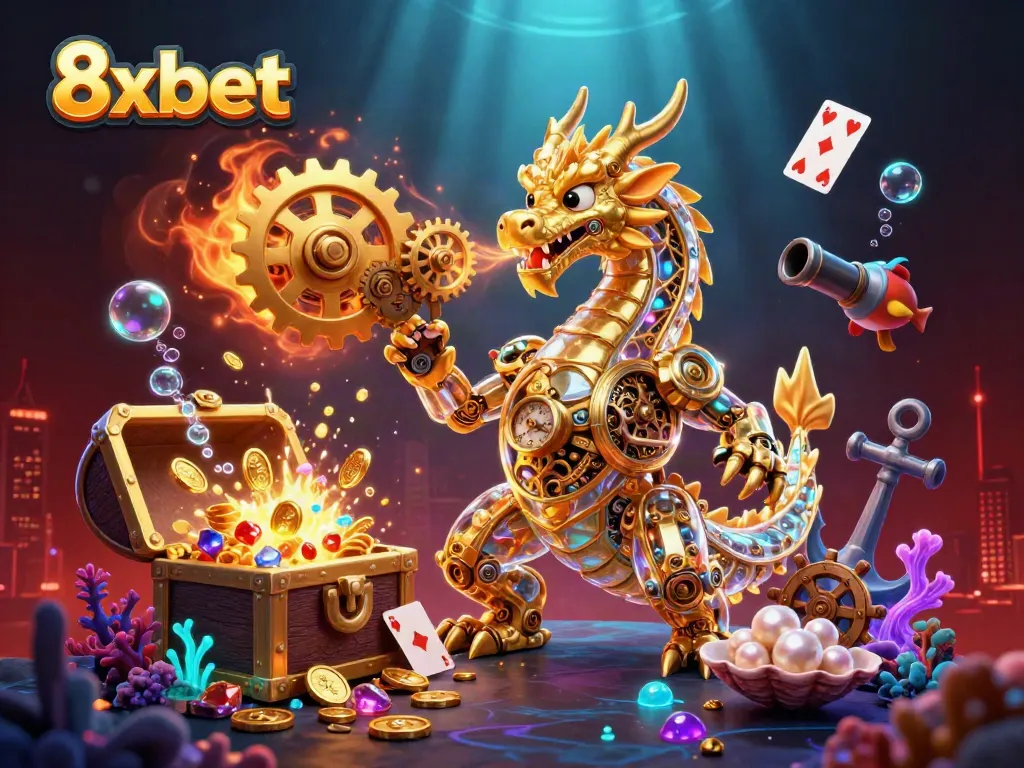 Experience exciting games with 8xbet illustrated by a vibrant scene of a golden dragon and treasures.