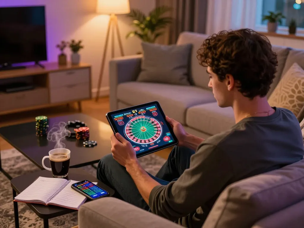 Engaging online gaming experience at home with Go89living app open and strategic notes visible.