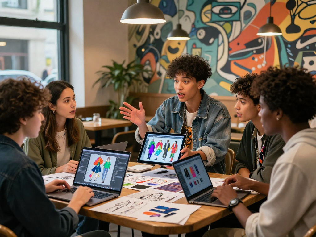 Group showcasing innovative ai slut fashion designs in urban café