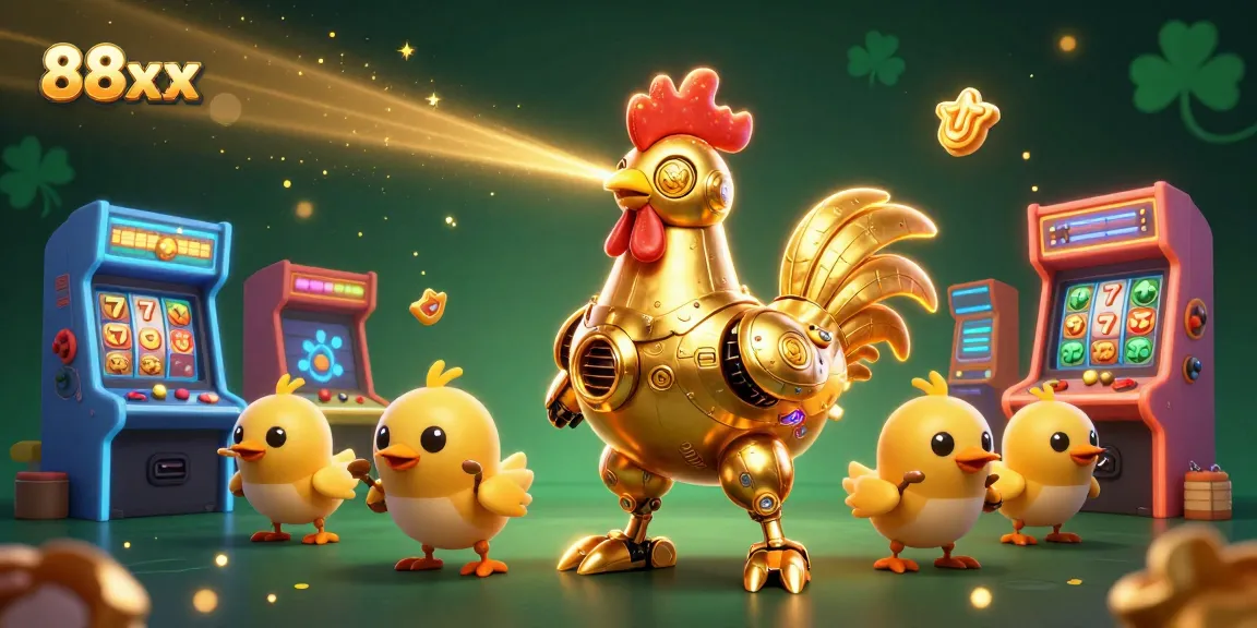 Engage in thrilling gaming at 88xx with a dynamic 3D atmosphere featuring a golden rooster robot and vibrant casino elements.