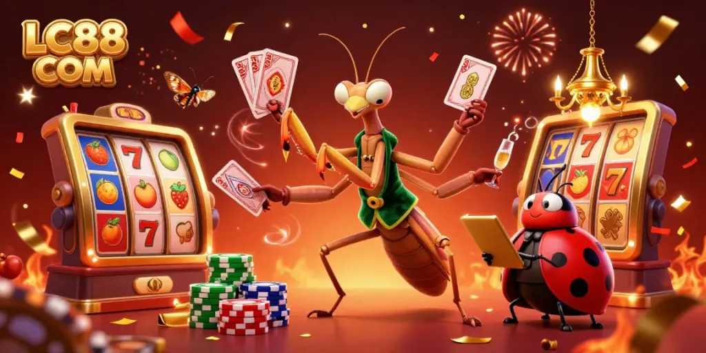 Engage in thrilling gaming at LC88 COM, featuring a vibrant casino scene filled with exciting elements.