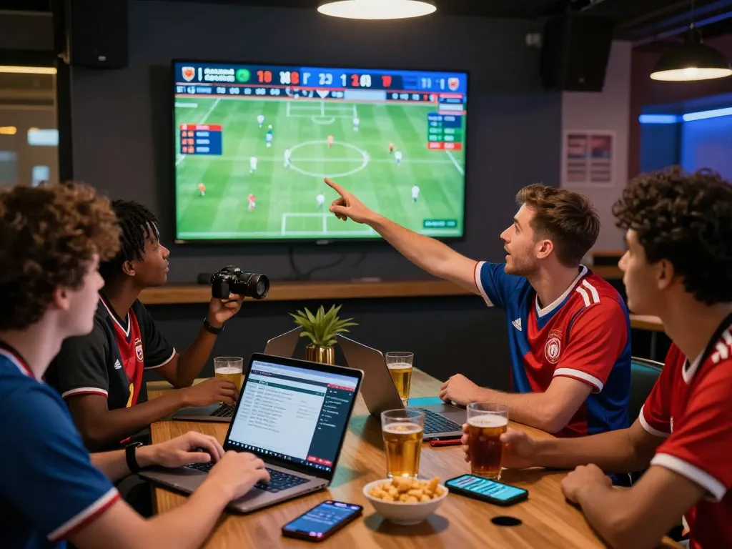 Engaging sports betting scene showcasing Nowgoal with real-time soccer scores, diverse group discussing strategies.