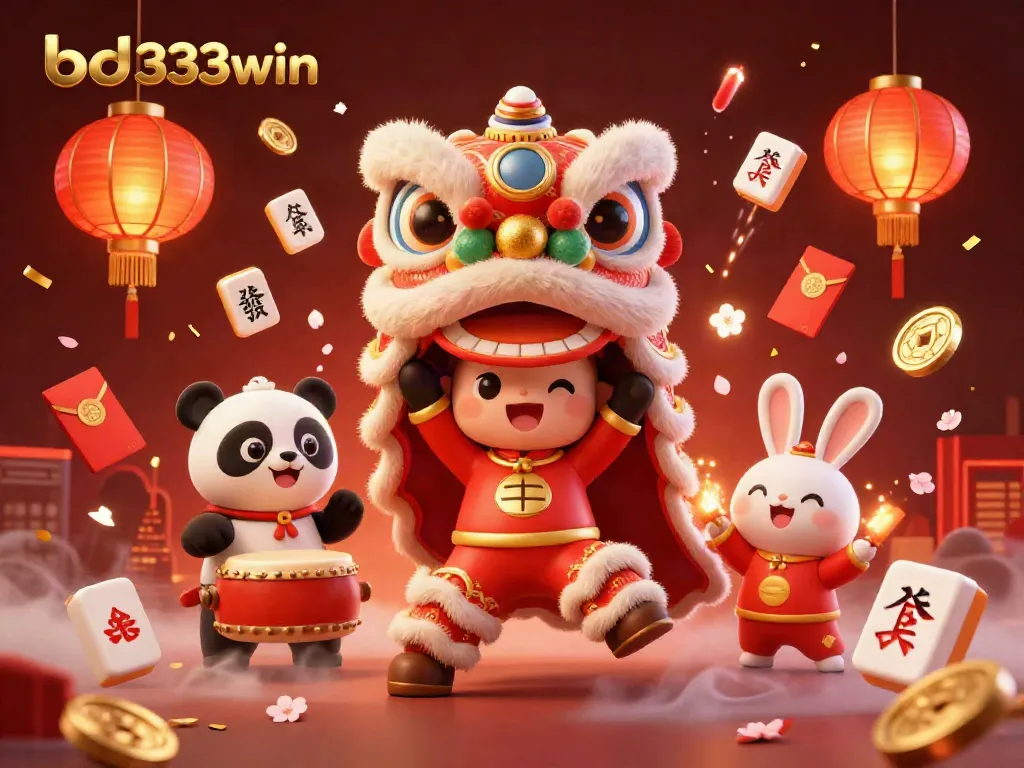 Experience casino excitement with bd333win's vibrant lion dance, drumming panda, and festive decorations.