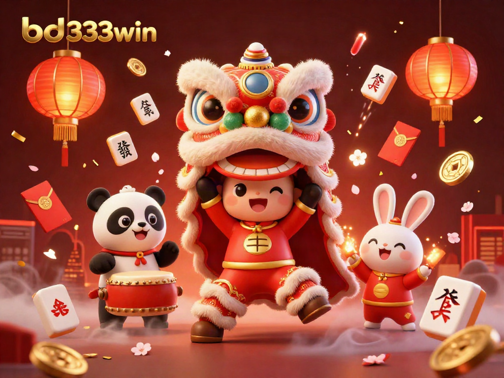 Experience casino excitement with bd333win's vibrant lion dance, drumming panda, and festive decorations.