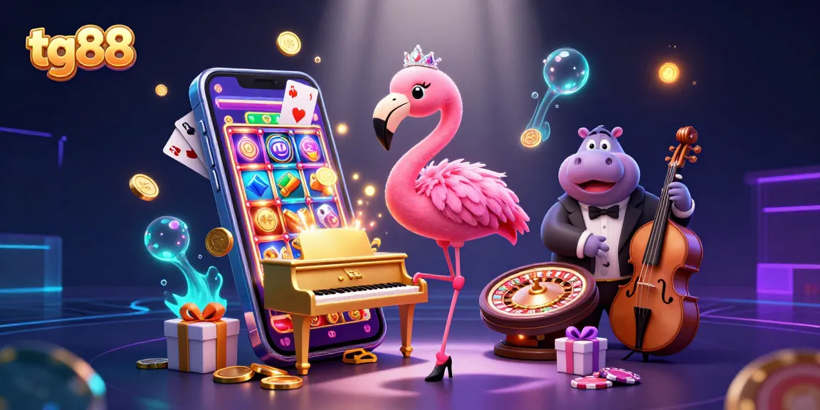 Play slots and win at tg88's vibrant 3D casino scene featuring entertainers and exciting gambling elements.