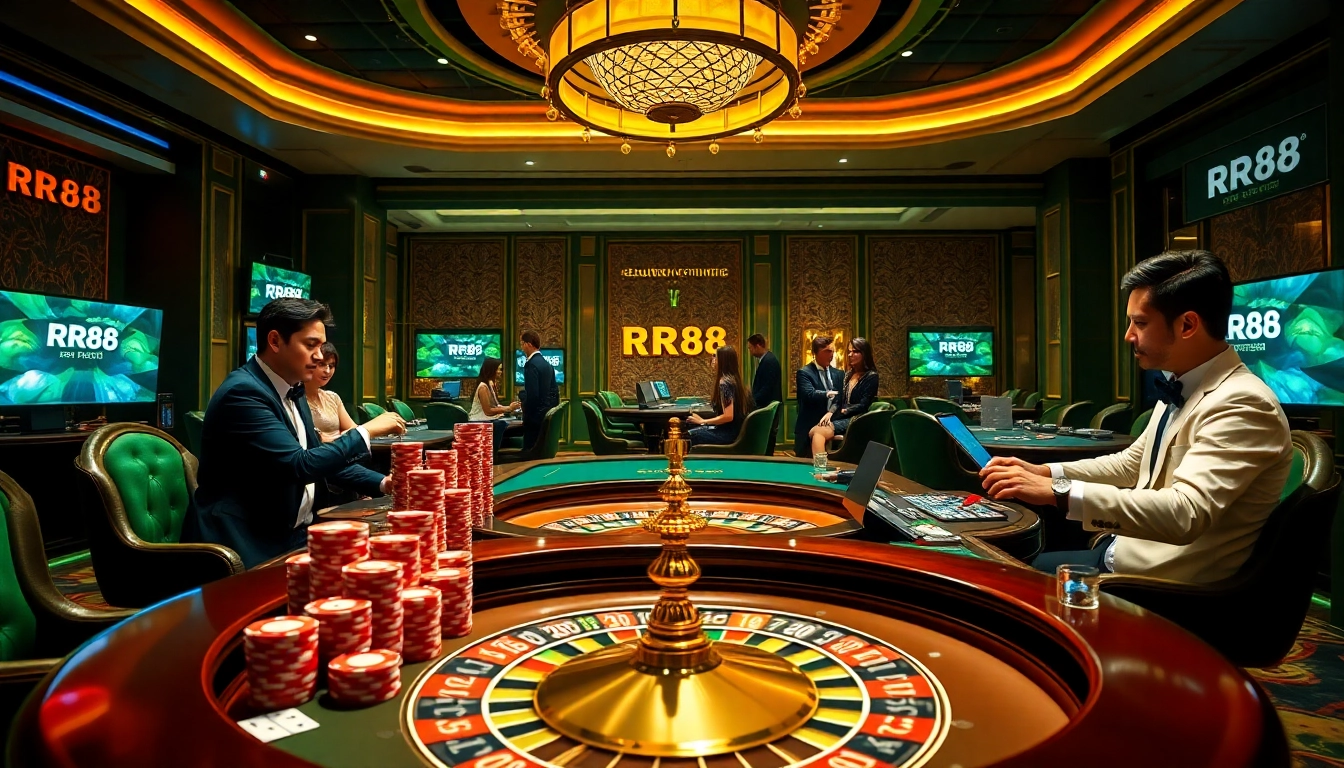 Experience the thrill of RR88 poker action at a luxurious casino table filled with colorful chips.